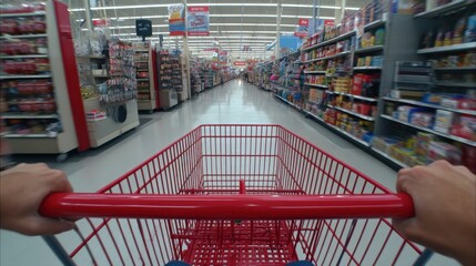 Shopping Cart Experience With Steering Wheel in Grocery Store Aisle During Busy Afternoon Hours