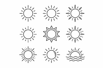 Hand-drawn sun icons set featuring nine unique sun illustrations