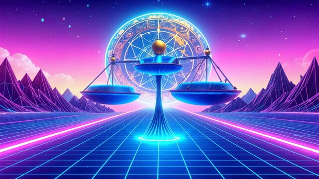 Libra scales balancing with a zodiac wheel in vibrant retrowave landscape.