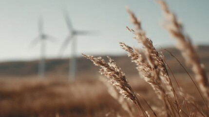 Close-up of a field with tall, dry grasses in the foreground. the grasses are golden brown in color and appear to be swaying in the wind.