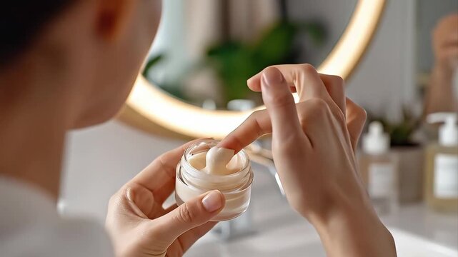 Intimate close-up of female hands presenting an open tallow cream jar before a bathroom mirror.