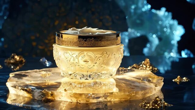 Opulent tallow cream presented in a weighty crystal jar topped with a gold lid, displayed on a black marble pedestal.
