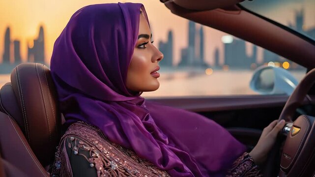 Elegant Muslim woman wearing a couture purple hijab woven with subtle metallic threads, posed inside an opulent sports car with premium leather upholstery. Refined styling, elite lifestyle photography