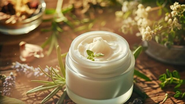 Artisan premium tallow balm in a refined frosted glass container, surrounded by freshly picked herbs and organic elements. Rustic wood surface, glowing golden light, soft shadow play for a warm