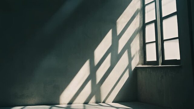Sunlight beams entering through an old window casting geometric shadows on a textured concrete wall and floor, creating a stark, minimalist interior background
