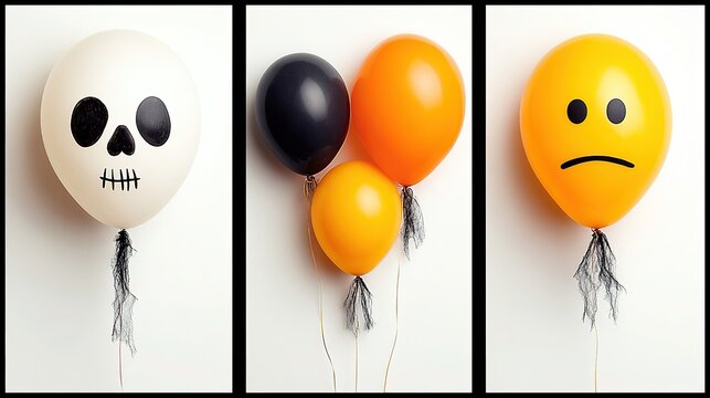 Party decor inspo: 5 Halloween balloon styles white display, skull spooky + black-orange classic + smiley contrast + minimal modern, ideal for DIY tut cover or event-planning deck