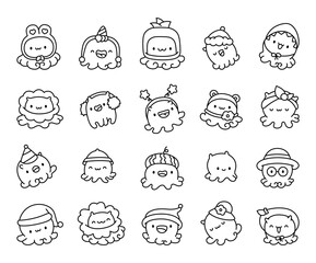 Dumbo octopus character set kawaii style smiling, featuring various funny costume outfits, hats, cute details and joyful underwater elements for creative cartoon projects