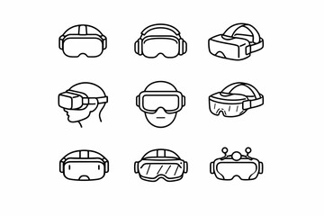 Outline icons of virtual reality headsets in various styles and perspectives