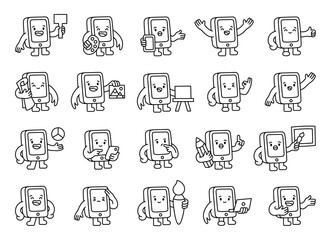 Smartphone guide character set showing adorable devices with friendly different emotions and poses teaching communication creativity education presentation and learning for modern design projects