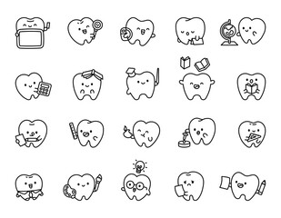 Tooth school cute kawaii character set with various objects for learning, studying, reading, writing, measuring, teaching and classroom education purposes for your illustration