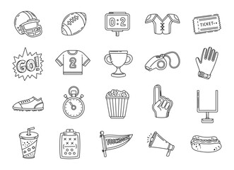 American football set in outline line art featuring equipment snack score team uniform trophy whistle ticket goalpost timer strategy celebration symbols