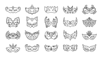 Carnival mask set in outline line art featuring masquerade face covers with ornaments festival costume accessories celebration perfect for your illustration and creative designs projects