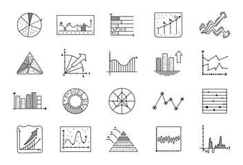 Analytics chart set in outline line art dashboard data statistics visualization finance business growth trend performance report comparison distribution timeline