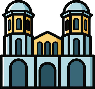 Symmetrical Cathedral Icon with Twin Domed Towers and Golden Arched Windows.