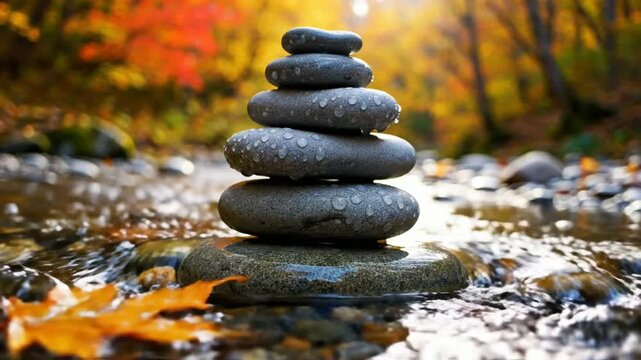 Stacked stones in shallow river water with autumn leaves and sunlight zen stones river rocks water droplets