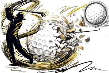 golf ball and tee​ Golden Impact Powerful Golf Swing with Abstract Motion