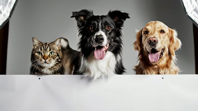 Pets Peeking Over White Board Cat and Dogs Looking Curious animals