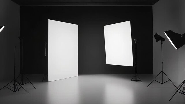 Clean photography studio showcasing essential lighting equipment, light modifying tools, and large white screens, creating a professional and adaptable creative space