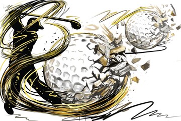 golden golf ball​ impact​ power​ful​ swing​ with​ abstract​ motion​