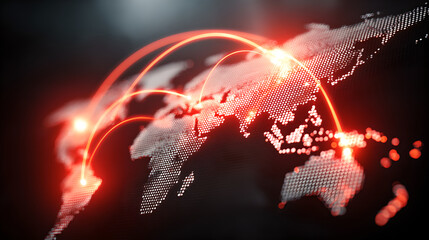 Digital world map with glowing red arrows showing connection lines across the continents  © Kanomaoi