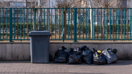 Large gray plastic garbage bin standing next to several full black trash bags 