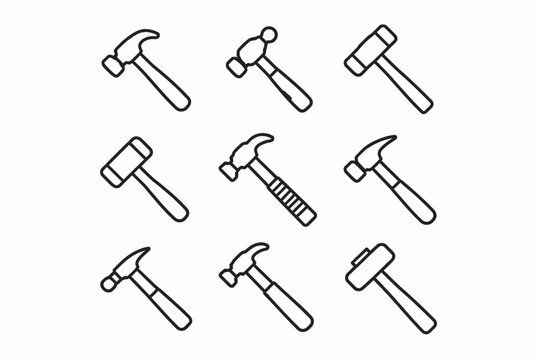 Assorted hammer icons set with claw ball-peen mallet and sledge designs