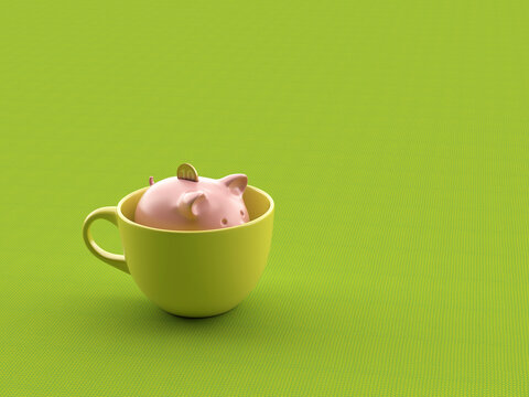 Piggy bank inside green cup with coin symbolizing finance and saving