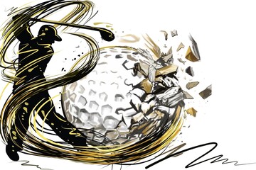 ​ golden golf ball​ impact​ power​ful​ swing​ with​ abstract​ motion​