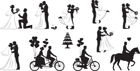 Obraz premium Collection of wedding silhouette illustrations depicting couples in various romantic poses and wedding-related activities