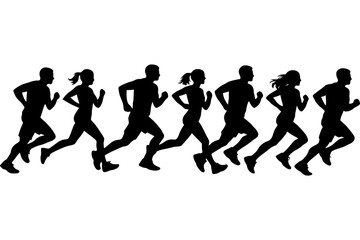 Obraz premium Silhouettes of diverse runners in motion.