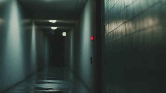 Long, empty dark corridor with wet reflective floor and distant lights, evoking isolation, suspense and foreboding in an abandoned institutional interior with deep perspective
