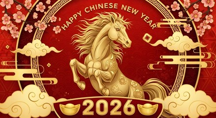 Obraz premium Luxurious Chinese New Year 2026 celebration banner with golden horse zodiac sign cherry blossoms and gold sycee on a traditional red pattern background