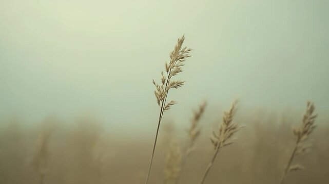 Dried reed grass stands prominently in a tranquil, muted natural field, showing delicate textures against a soft, diffused background, symbolizing growth and peaceful autumn simplicity