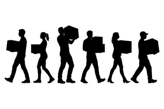 Silhouettes of diverse people carrying boxes in motion.