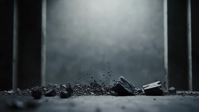 Dark rough debris fragments exploding and scattering smaller particles and dust, creating a dynamic scene against a blurry concrete background, representing destruction and impact