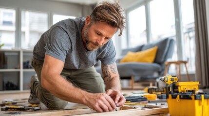 Man Works on Assembling Furniture in a Home Setting During the Day Using Hand Tools and Materials on the Floor