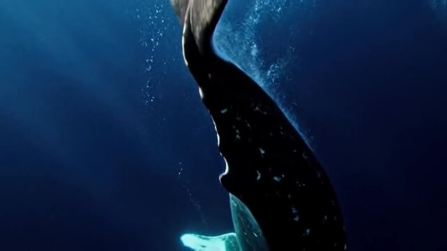 A majestic whale dives gracefully into the deep blue ocean, its powerful tail flukes visible as it descends.