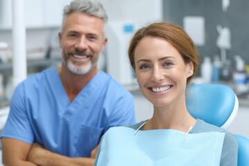 Obraz premium Friendly Dentist and Happy Patient in Dental Office Wearing Blue Scrubs During Appointment