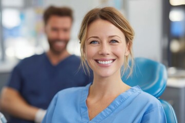 Friendly Dentist Enjoying Time in Office While Patient Relaxes in Dental Chair Wearing Blue Scrubs on a Weekday Morning