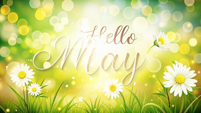 Hello may lettering in white script above green grass and blooming daisies on bright yellow bokeh background, joyful late spring greeting card atmosphere