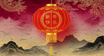 Traditional red chinese lantern with gold calligraphy on textured mountain background with dragon illustrations for lunar new year festival greeting