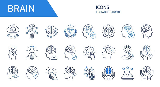 Collection of brain icons representing thoughts and ideas in a simple line art style