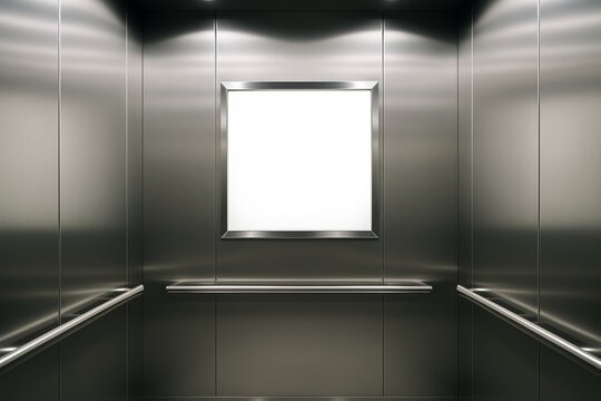 Empty metal elevator interior with illuminated blank frame on wall, perfect background for advertising or corporate creative design concept idea. Ai generative