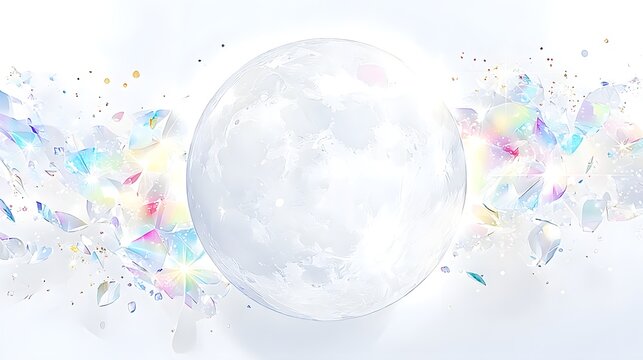 クリスタルの光に包まれた白い満月の幻想背景