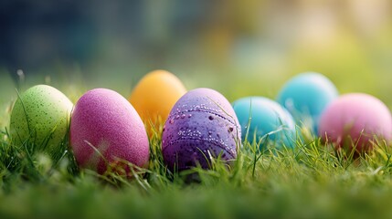 Fototapeta premium Colorful Easter eggs sitting in the green grass on a sunny day with a blurred background
