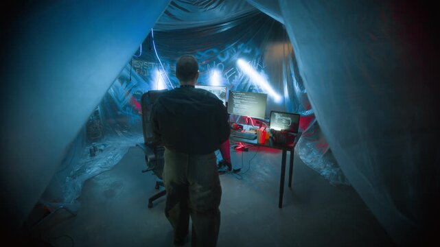 Stab shot of young Caucasian woman in futuristic visor entering password on invisible sensor panel, then sitting down at table with CCTV footage and coding screens on computers in dark neon workspace
