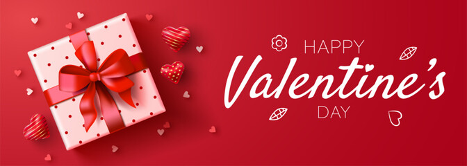 Festive Happy Valentines Day greeting banner with a gift box and decorative hearts.