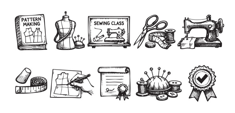 Hand drawn vector illustration showcasing various sewing tools, patterns, and a sewing machine, perfect for fashion, crafting, or educational projects.