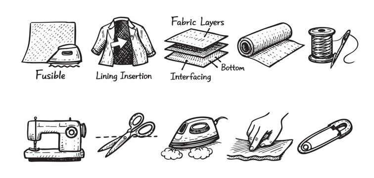 Hand-drawn illustration showing different sewing and tailoring techniques: fusible, lining insertion, fabric layers, fabric roll, thread, sewing machine, scissors, pressing, pinning.