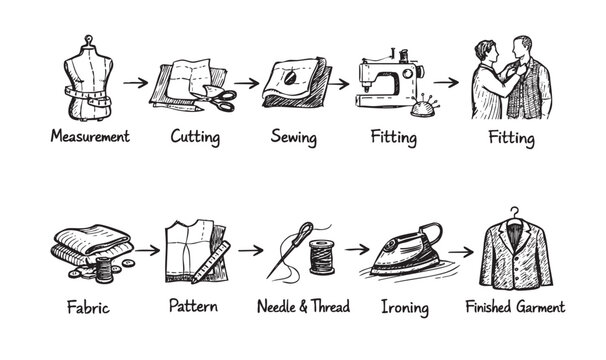 Illustration showing the steps in the sewing process, from taking measurements to cutting fabric, sewing, fitting and ironing to a finished garment.